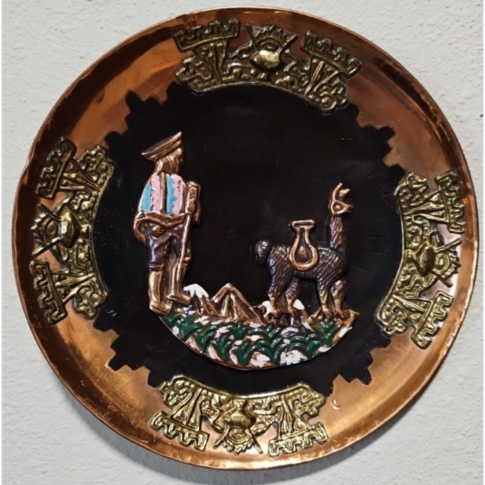 Vintage Peruvian Copper Painted Wall Hanging Plate 7.75" Man and  Alpaca
